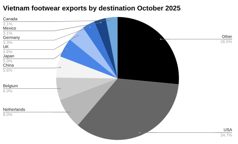 10 月份越南鞋类出口目的地饼图