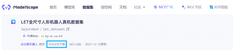 发布16天狂揽41万次下载，LET数据集强势登顶魔搭具身数据榜榜首！(图1)